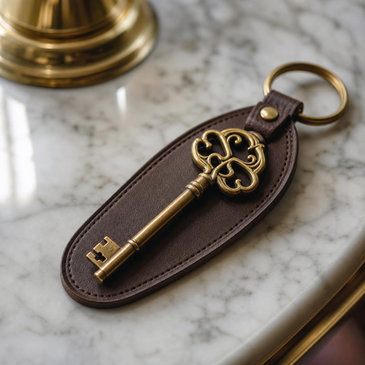 Brass key on a leather fob resting on a marble countertop