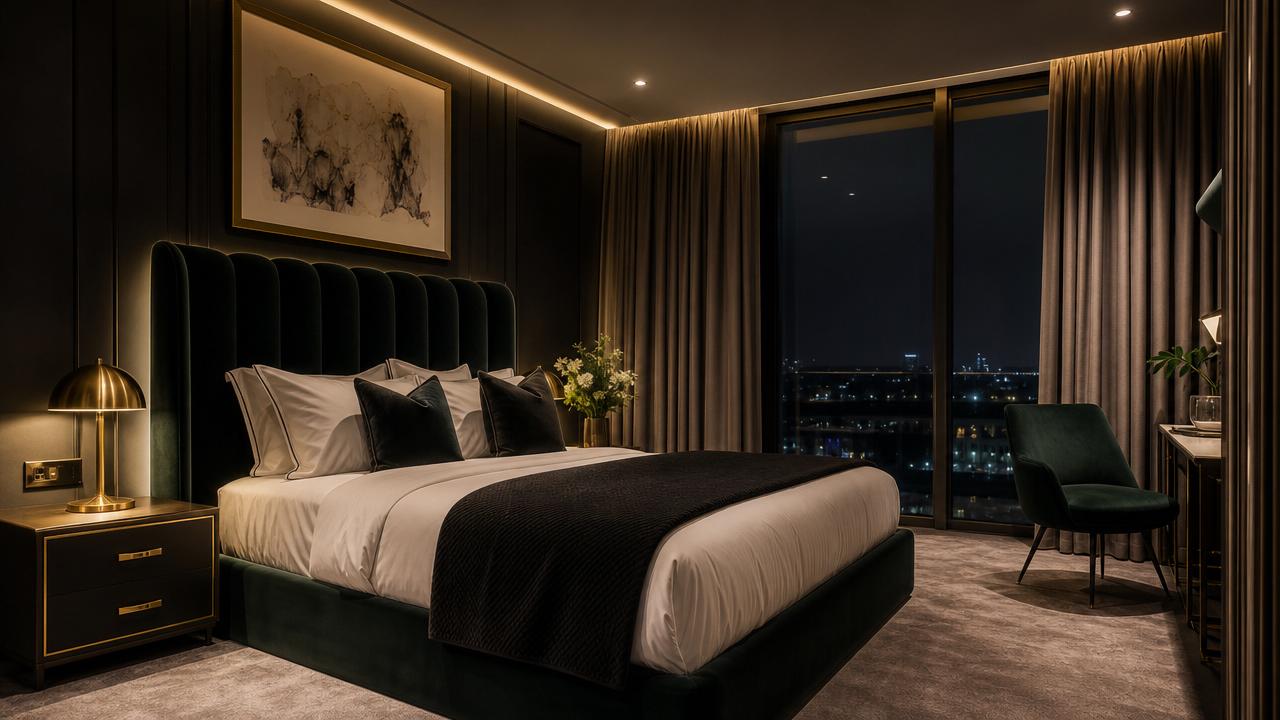Refined dark bedroom suite with warm gold accent lighting