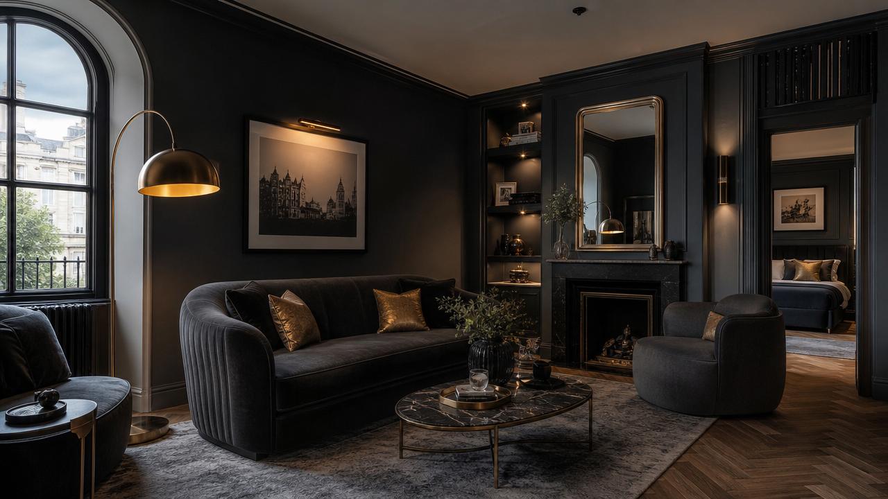 Sophisticated dark luxury living room with brass lamp and arched window